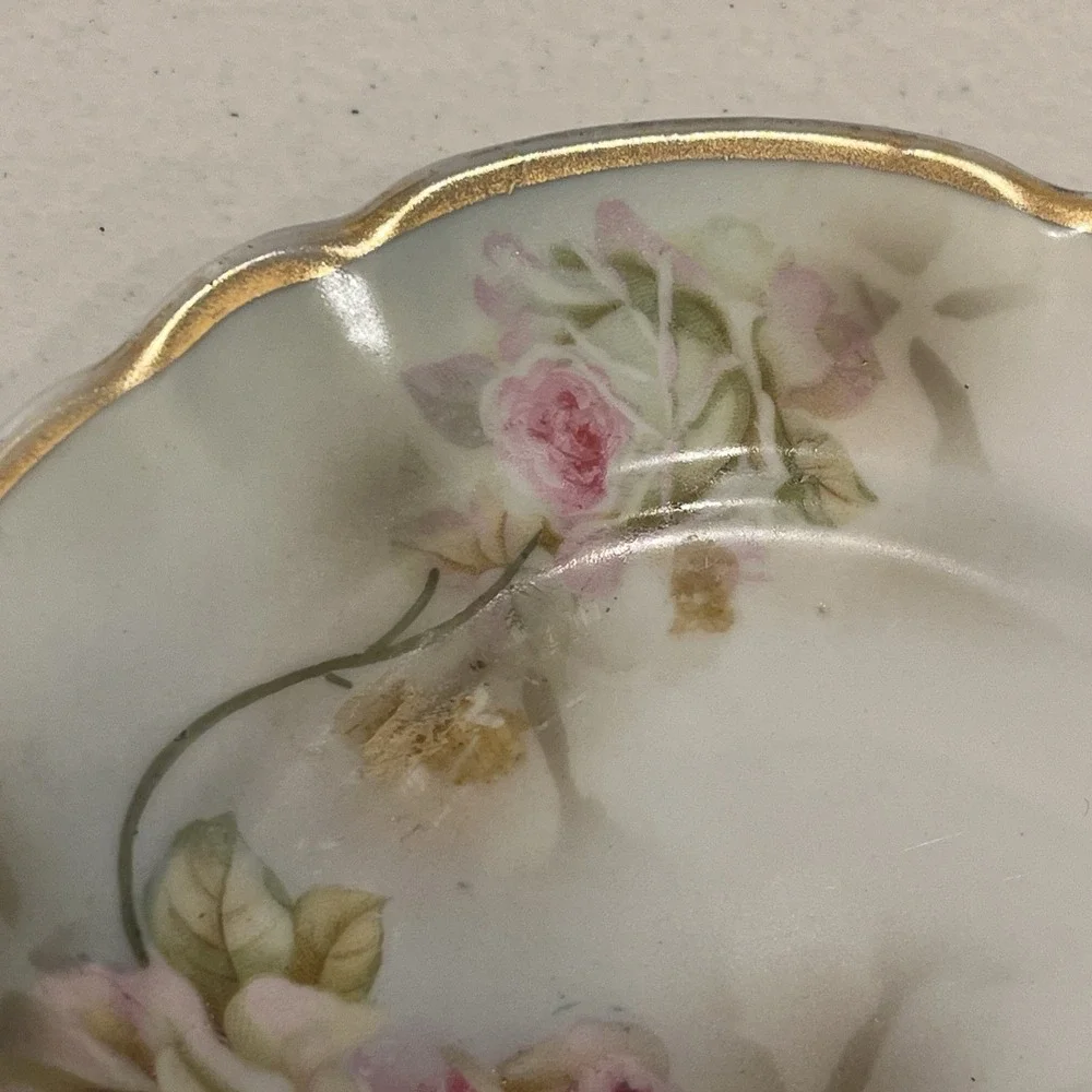 Antique Germany Porcelain Plate Large Pink & White Cabbage Roses, 6